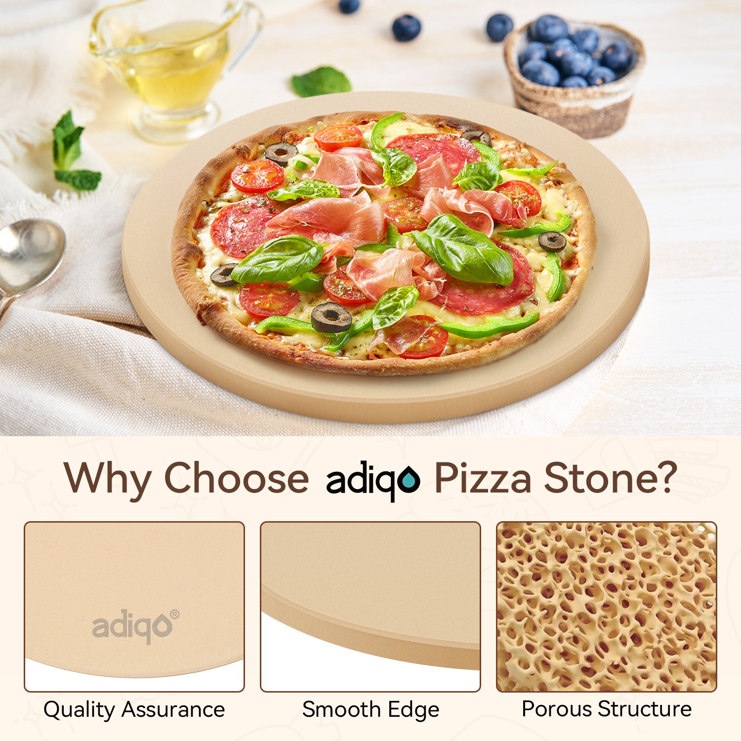 ADIQO 15" Round Food Grade Cordierite Pizza Stone - 图片 3